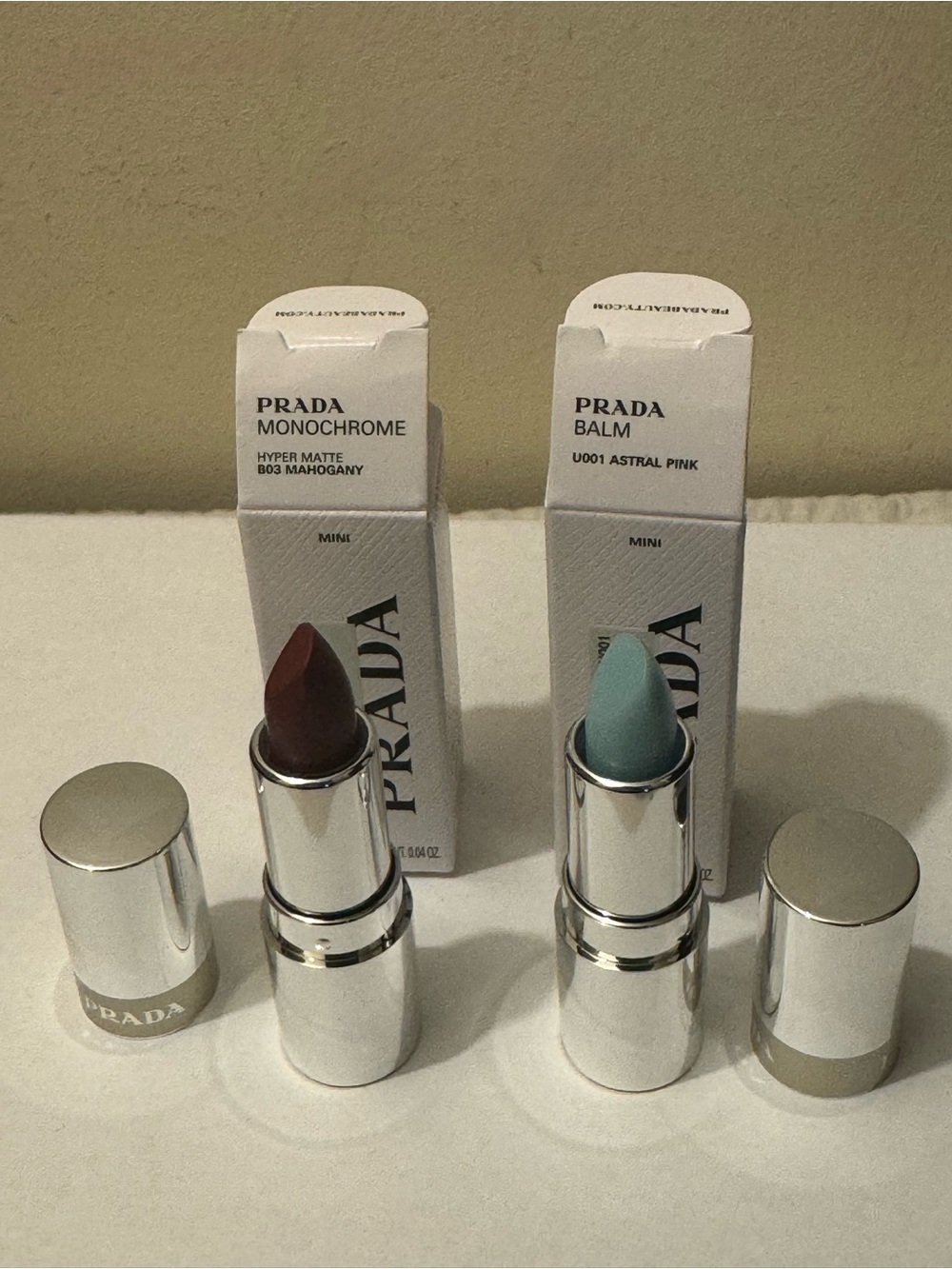 NIB Prada Beauty Mini Lip Duo Set-Hyper Matte BO3 Mahogany & Lip Balm UO01 Pink